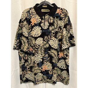 Island Tropics Leaf Print Polo Shirt XL Black Orange Green Short Sleeve Mens Cot